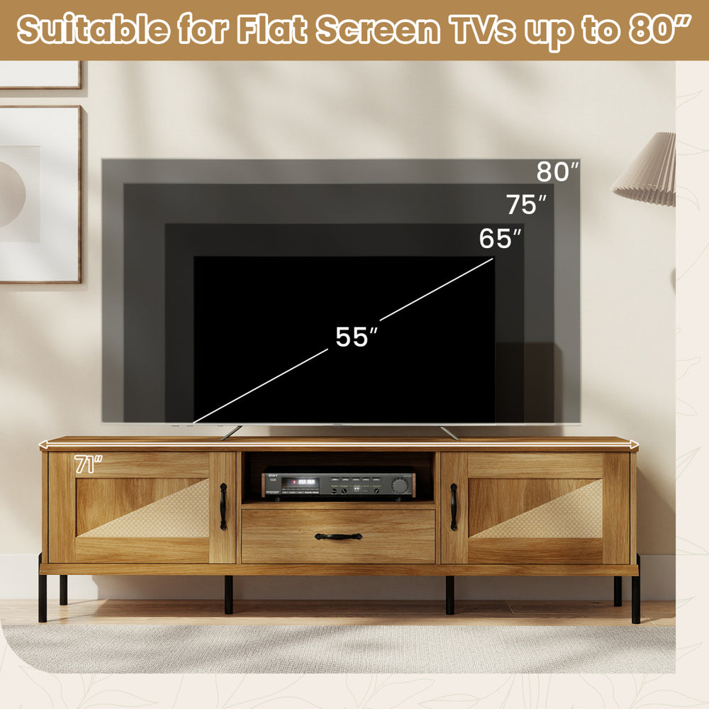 Rattan TV stand with dimensions for TVs up to 80", featuring 2 cabinets and a natural wood finish for stylish storage.