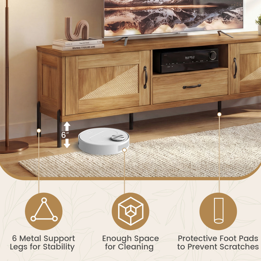Rattan TV stand with 6 metal support legs, 2 storage cabinets, and 6" clearance for easy cleaning and stability.