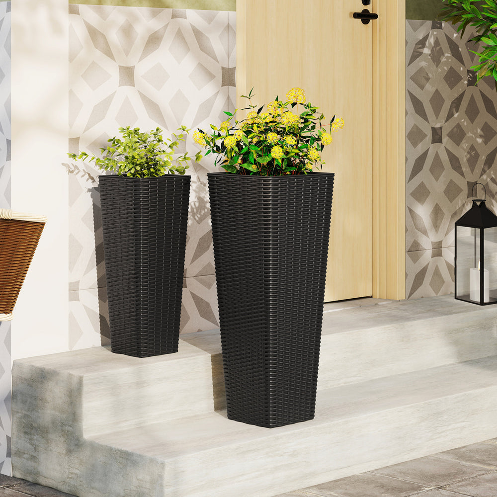 Rattan Tall Planter Set of 2 Outdoor Large Tapered Planters with Removable Inner Trays-Black - Gallery View 1 of 11