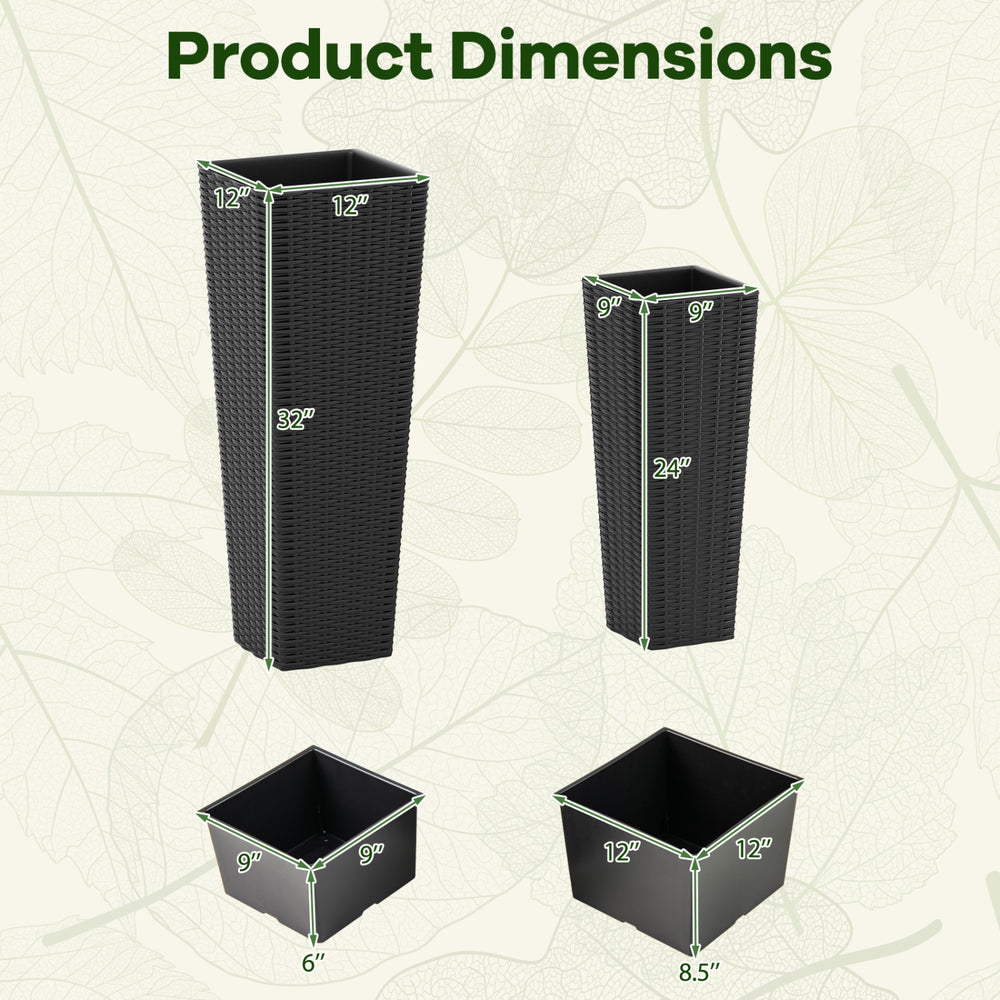 Dimensions of the Rattan Tall Planter Set, featuring a tapered design in black, ideal for outdoor use and easy.