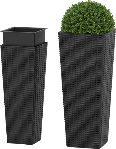 Costway Set of 2 Rattan Tall Tapered Outdoor Planters w/ Removable Inner Trays 71241026 New