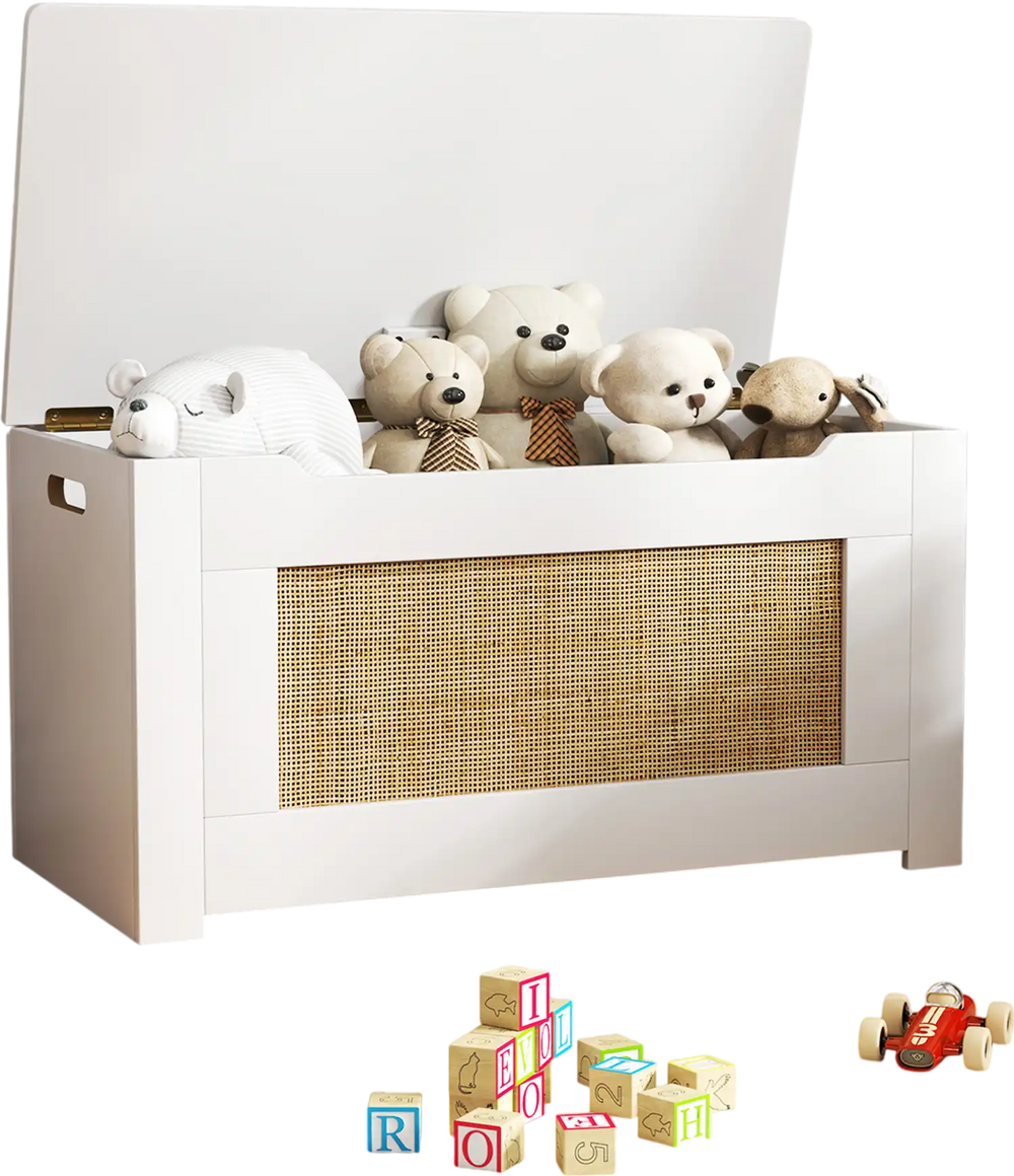 Kids rattan toy storage box with flip top lid, safety hinge, and cut-out handles, perfect for organizing toys in a.