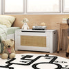 Kids rattan toy storage box in white with flip top lid and safety hinge, perfect for organizing toys in a child's room.