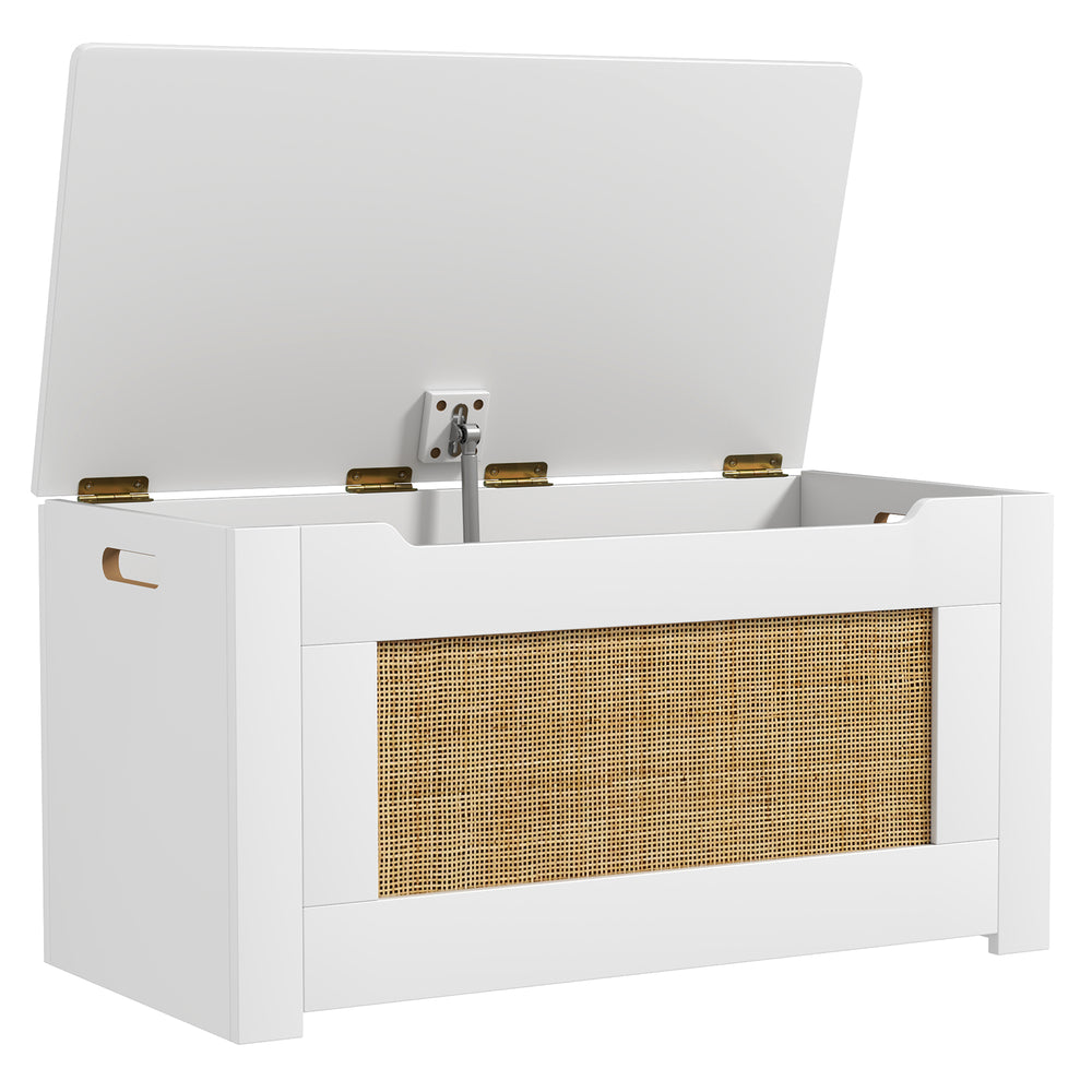 Kids rattan toy storage box with flip top lid, safety hinge, and cut-out handles for easy access and organization.