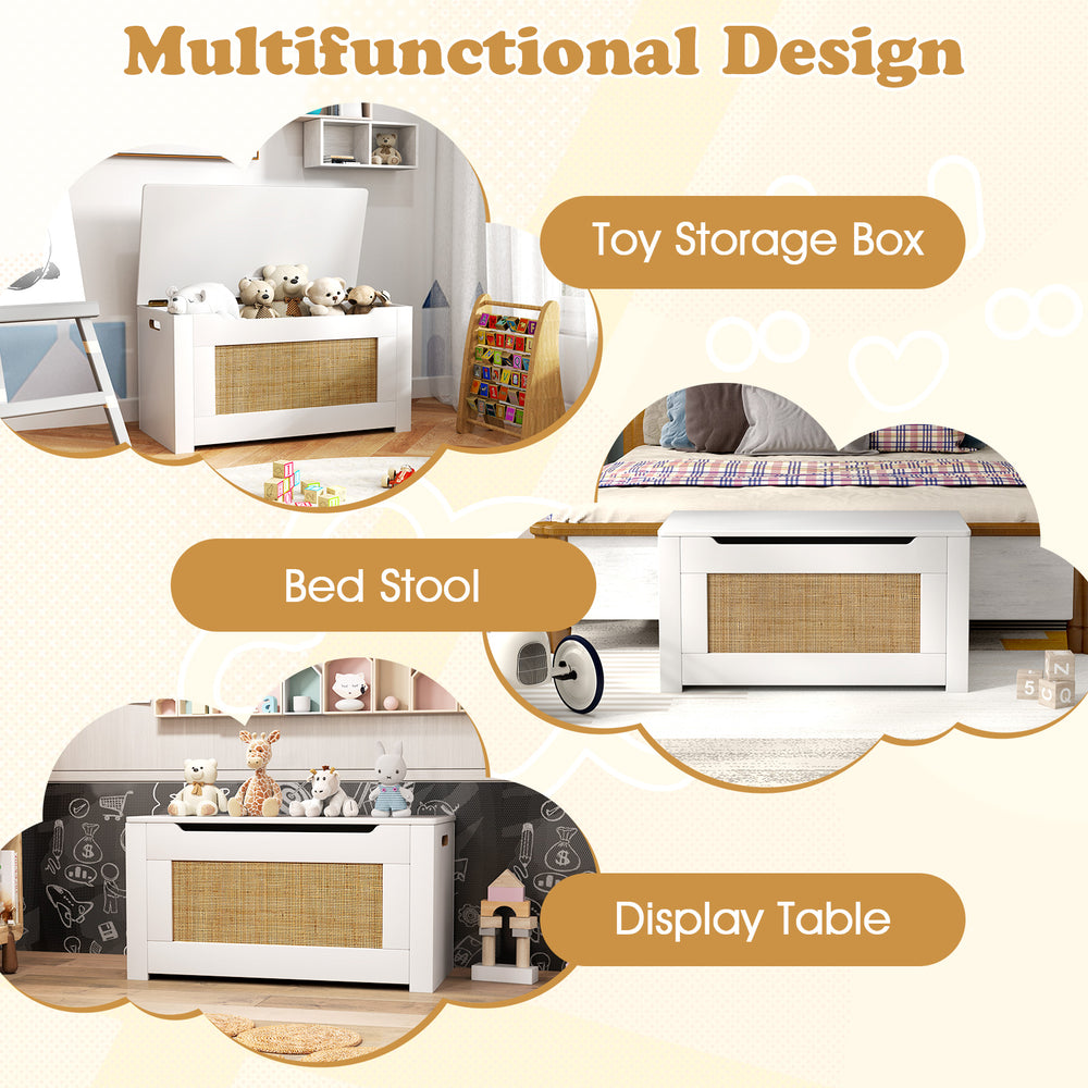 Kids rattan toy storage box with flip top lid, safety hinge, and cut-out handles, ideal for playroom organization.