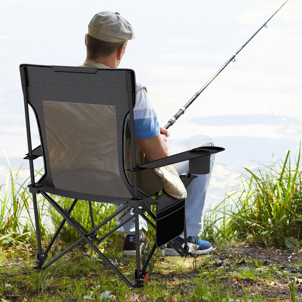 Reclining camping chair in gray with adjustable backrest and removable footrest, ideal for fishing or outdoor.