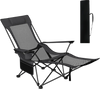 Reclining camping chair in gray with a thick padded headrest and cup holder, designed for ultimate outdoor relaxation.