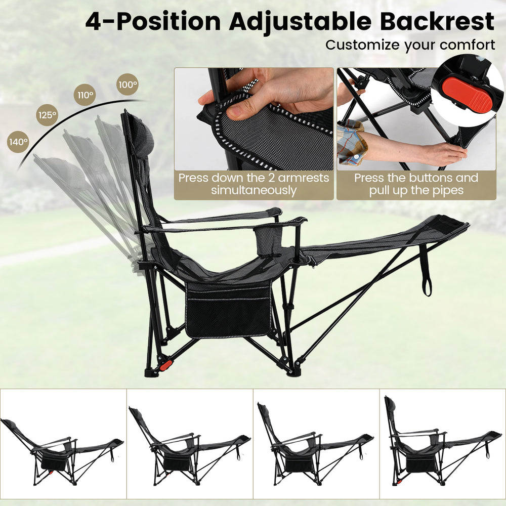Reclining camping chair with adjustable backrest and removable footrest, featuring breathable mesh fabric for comfort.