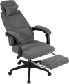 Reclining office chair in gray chenille fabric with adjustable headrest and retractable footrest for ergonomic support.