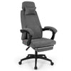 Gray reclining office chair with Chenille fabric, adjustable headrest, and retractable footrest for ergonomic comfort.