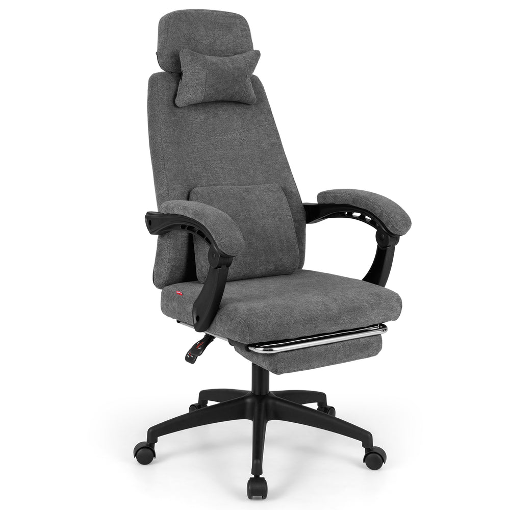 Gray reclining office chair with Chenille fabric, adjustable headrest, and retractable footrest for ergonomic comfort.