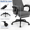 Close-up of the reclining office chair's sturdy 5-claw base and universal casters, featuring gray chenille fabric.