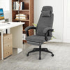 Gray reclining office chair with adjustable headrest and footrest, upholstered in soft chenille fabric for ergonomic.