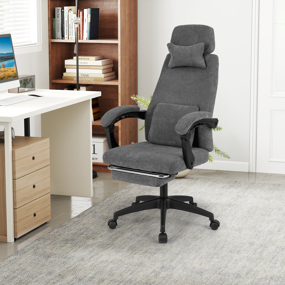 Gray reclining office chair with adjustable headrest and footrest, upholstered in soft chenille fabric for ergonomic.