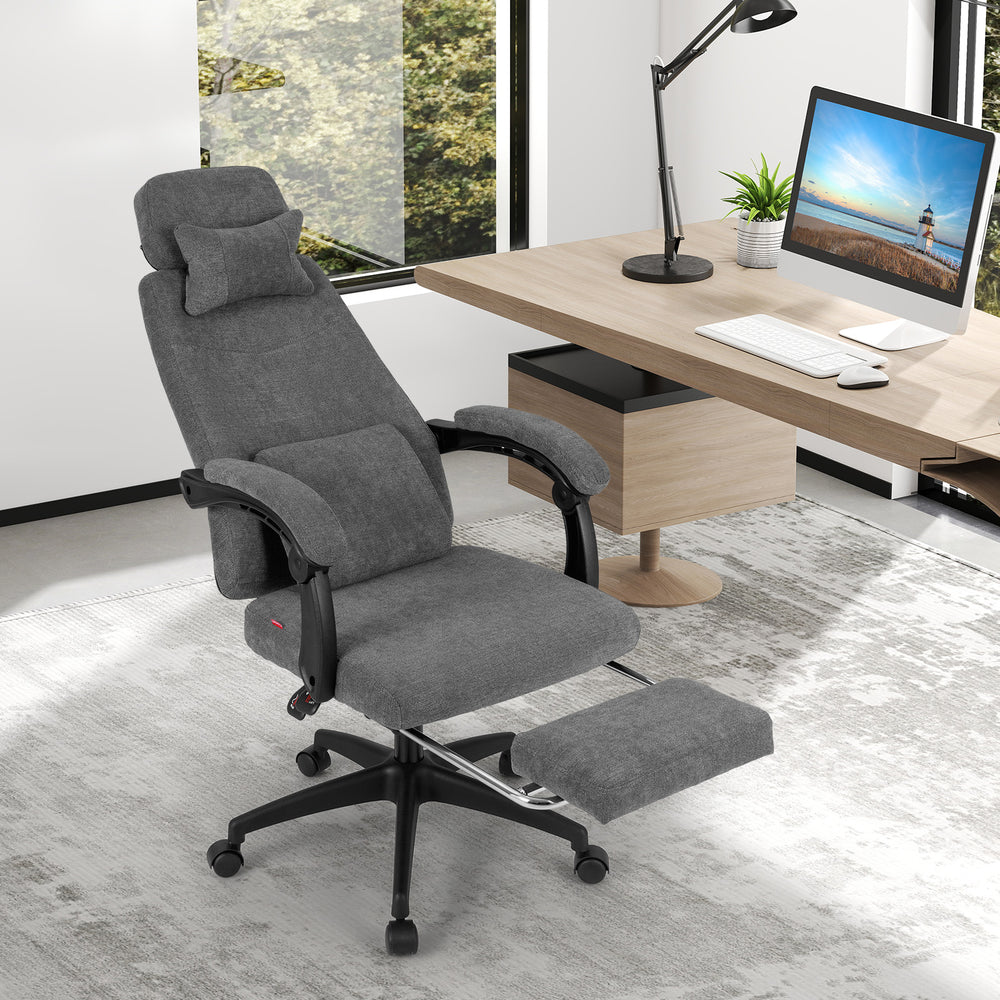 Side view of the gray reclining office chair in soft chenille fabric, featuring a retractable footrest for enhanced.