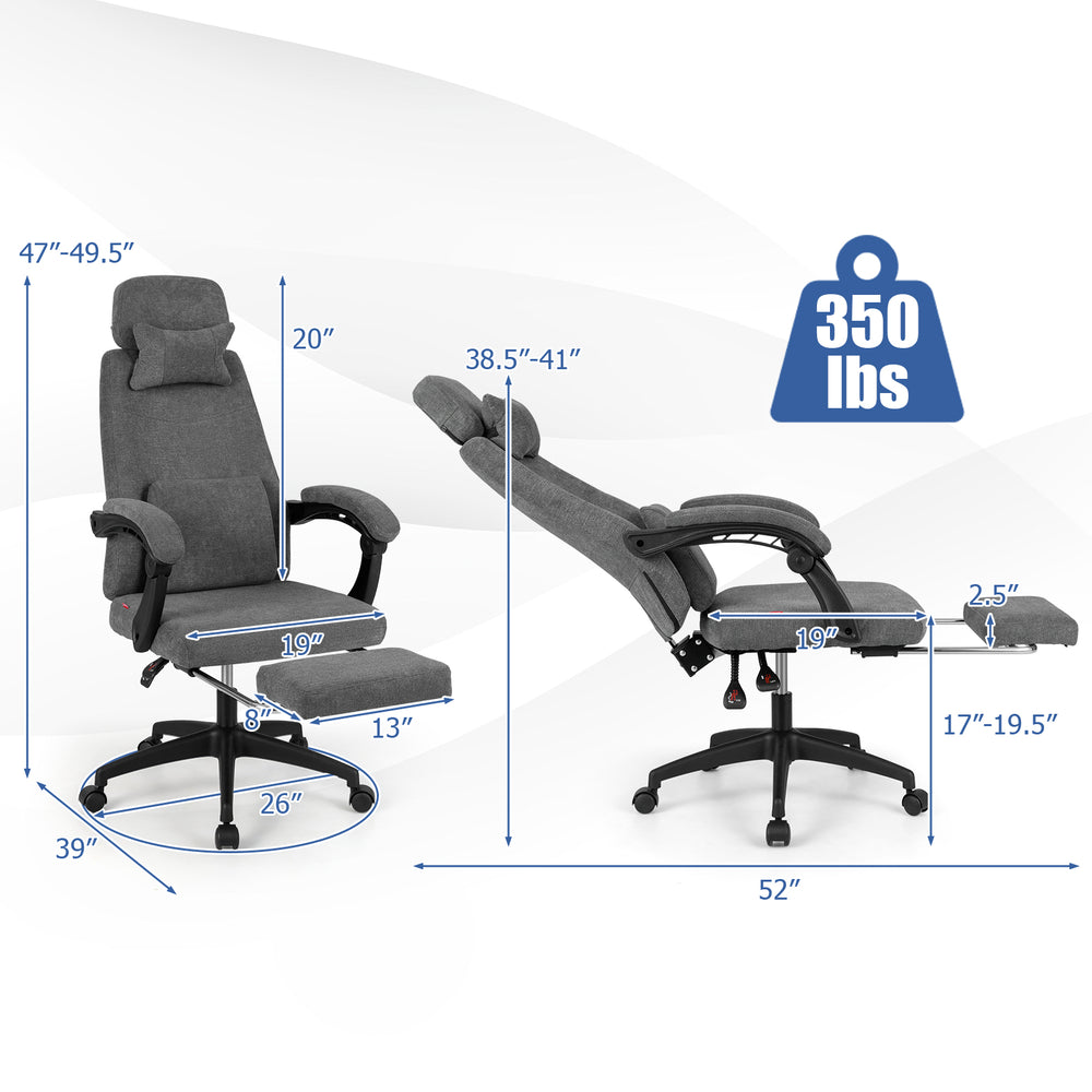 Reclining office chair in gray chenille fabric with adjustable headrest and footrest, supporting up to 350 lbs.