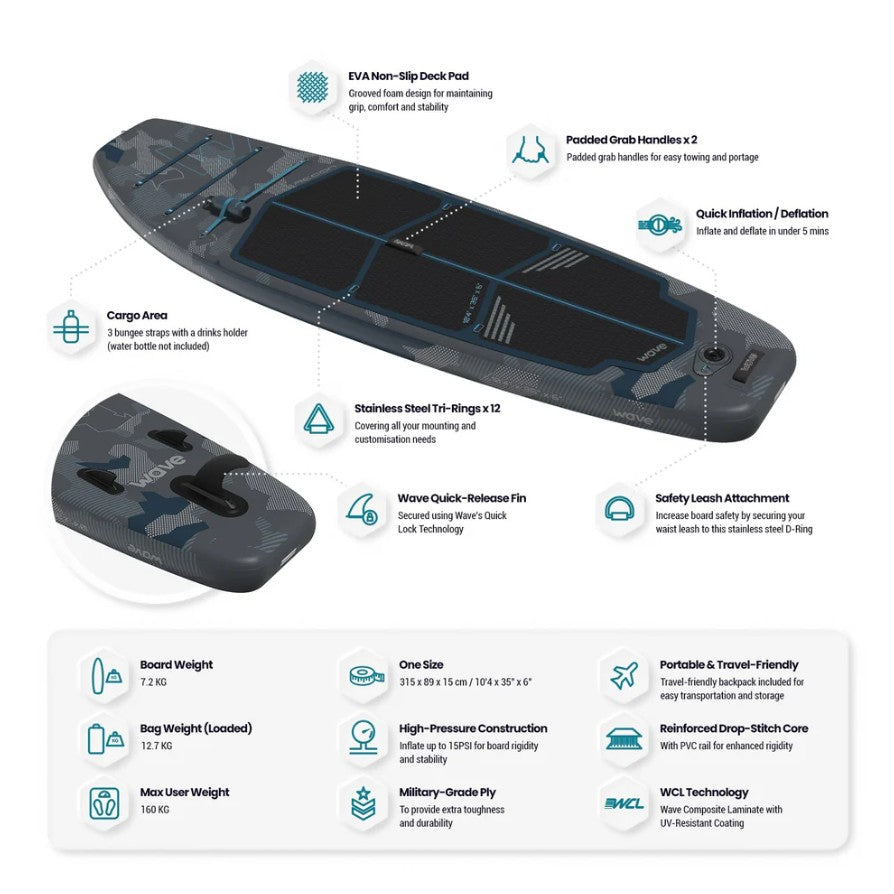 Wave Recon Inflatable Paddle Board 10'4" Camouflage iSUP for Rivers & Lakes New