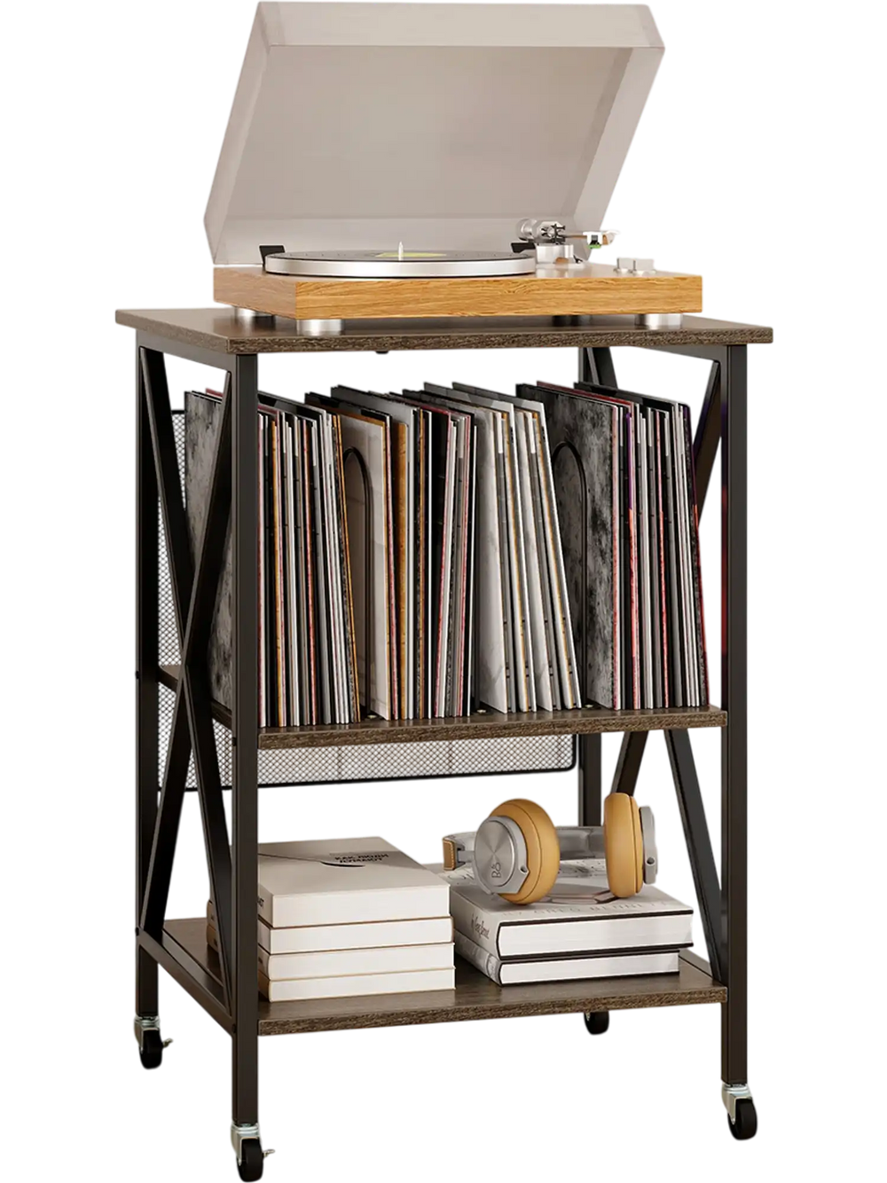 Mid-century record player stand in gray with spacious storage, built-in charging station, and sturdy metal legs.
