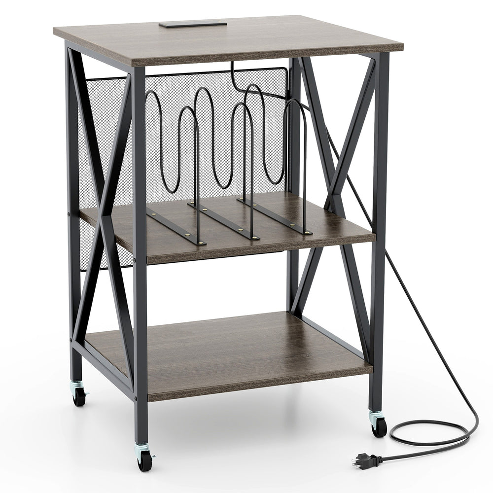 Mid-century record player stand in gray with built-in charging station, featuring spacious shelves and sturdy metal.