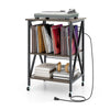 Mid-century record player stand in gray with storage for vinyl, built-in charging station, and sturdy metal legs.