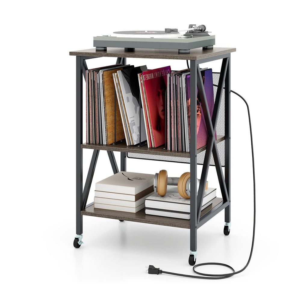 Mid-century record player stand in gray with storage for vinyl, built-in charging station, and sturdy metal legs.