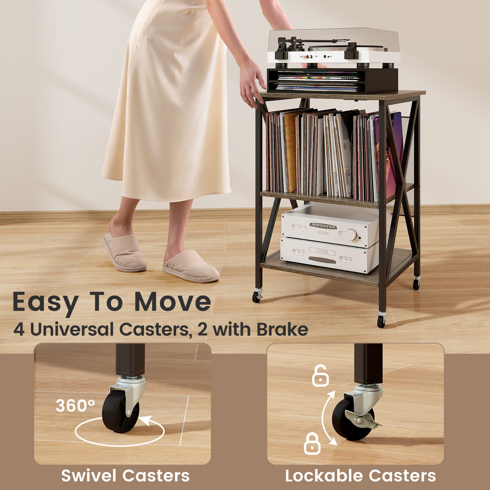Mid-century record player stand in gray with spacious storage, built-in charging station, and swivel lockable casters.