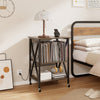 Mid-century record player stand in gray with built-in charging station, featuring spacious storage and sturdy metal.