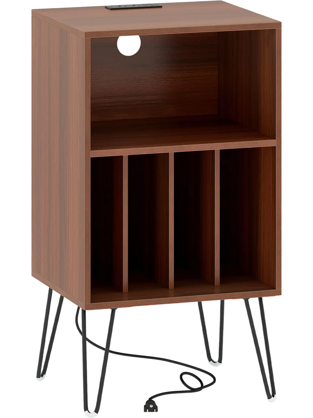 Walnut record player stand with charging station, featuring 2 AC outlets, USB ports, and vinyl storage compartments.