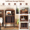 Record player stand with walnut finish, featuring spacious top and compartments for vinyl storage and built-in charging.