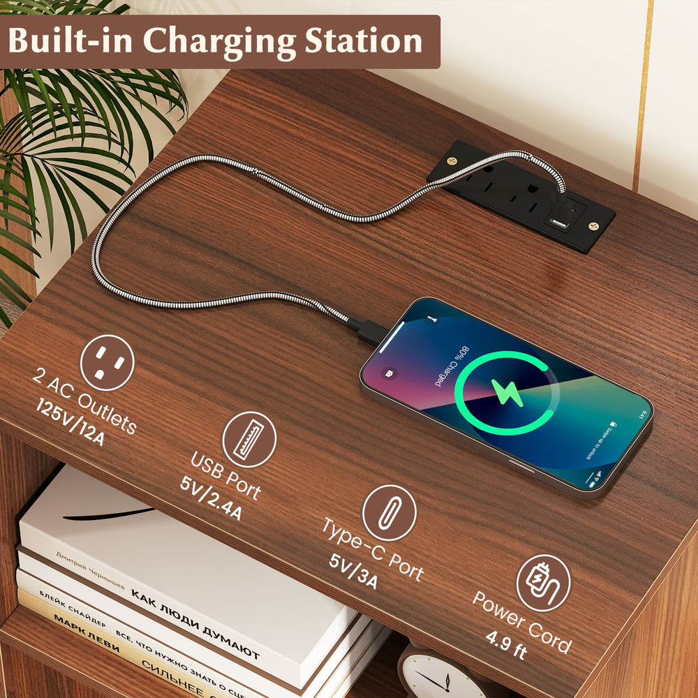 Record player stand in walnut finish with built-in charging station, featuring AC outlets and USB ports for convenient.