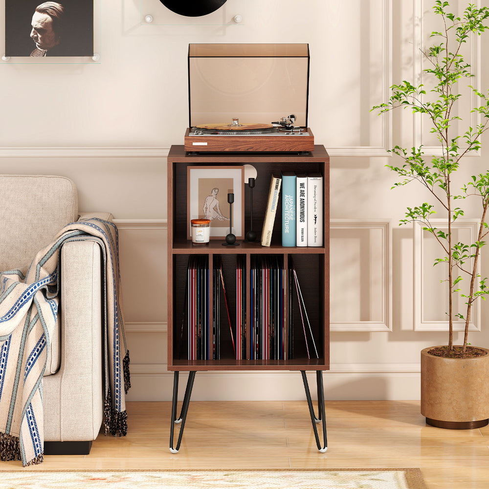 Record player stand in walnut with charging station, vinyl storage, and metal legs, ideal for living room organization.