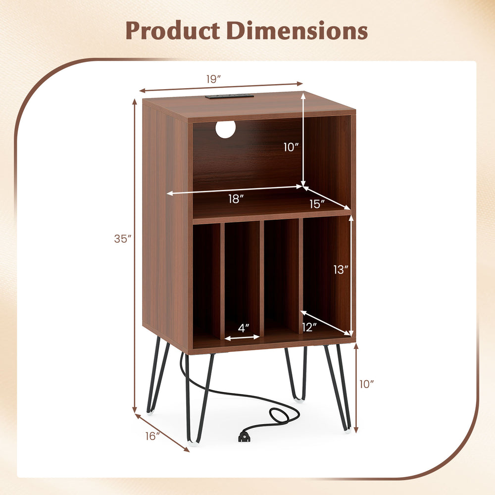 Record player stand dimensions with walnut finish, featuring compartments, charging station, and robust metal legs.