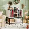Record player stand with charging station, white finish, metal frame, featuring organized storage for records and decor.