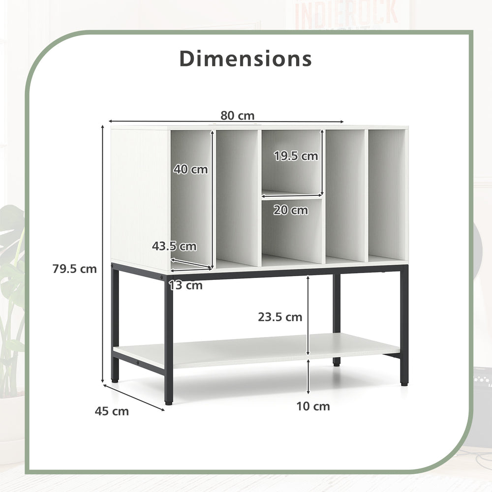 Dimensions of the Record Player Stand with Charging Station, featuring a white finish and metal frame for stable.