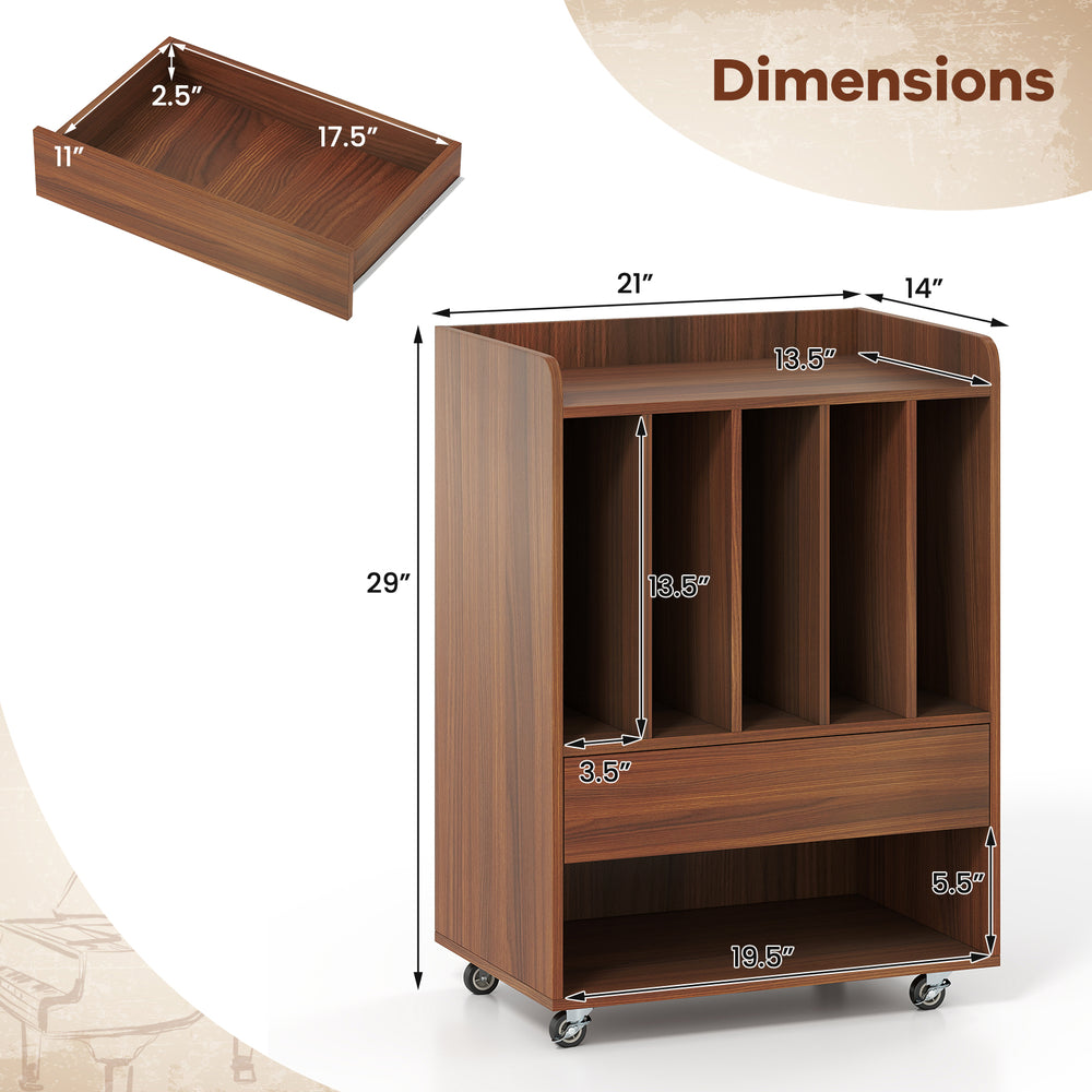 Record player stand in walnut with 5 vinyl dividers, slide-out drawer, and rolling wheels for easy mobility.