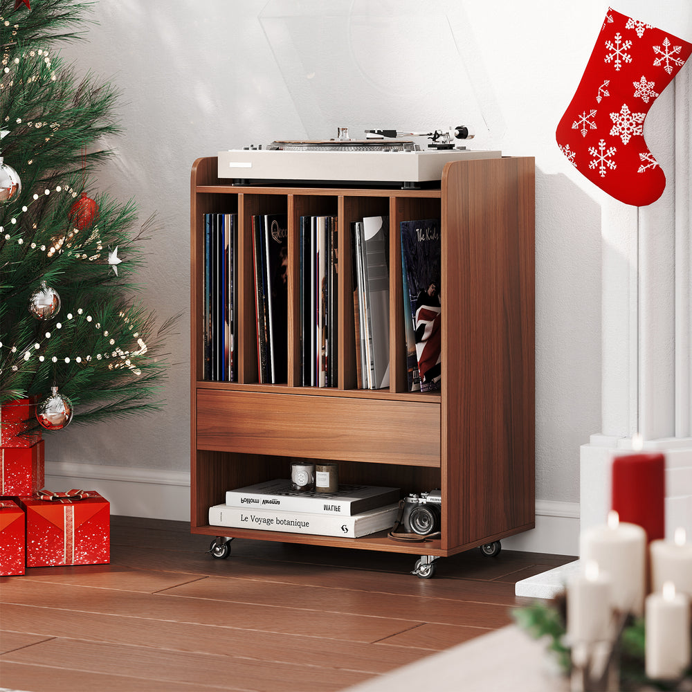 Record player stand in walnut with a bottom shelf for additional storage, perfect for turntables and vinyl collections.