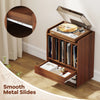 Record player stand in walnut finish with smooth metal slides, drawer, and vinyl storage for living room or bedroom use.