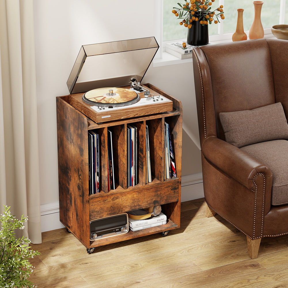 Record Player Stand Turntable Stand with Drawer and Record Holder-Brown - Gallery View 1 of 10