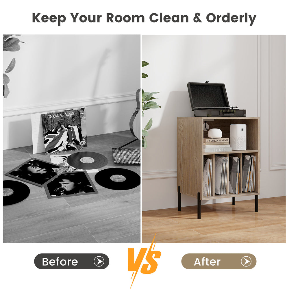 Record player stand in natural finish with storage shelf, accommodating 150 vinyl records and featuring charging ports.