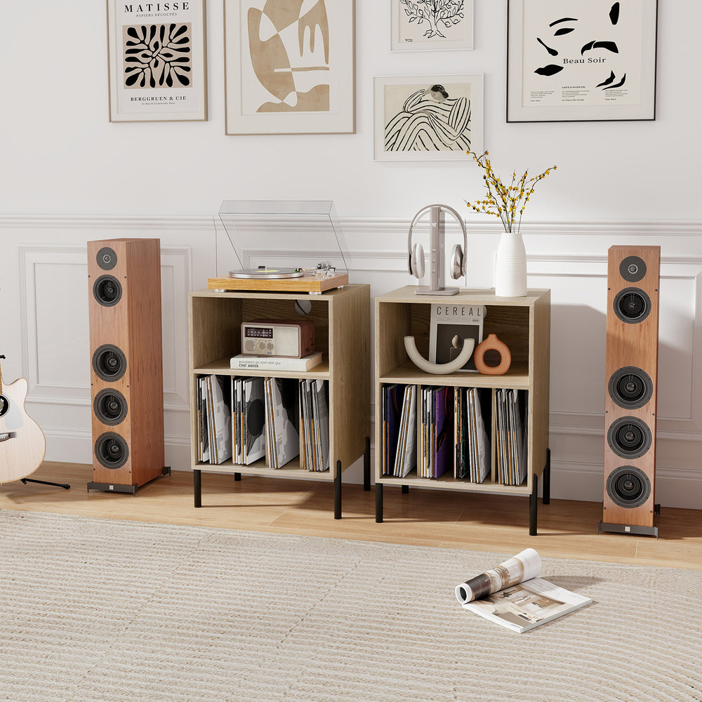 Record player stand in natural finish with storage shelves, accommodating 150 vinyl records and charging ports for.