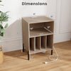 Record player stand with storage dimensions, featuring a natural finish, open shelf, and charging station for versatile.