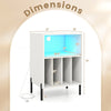 Record player stand with LED light, charging station, and dimensions for versatile audio storage and display.