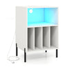 Record player stand in white with LED light, charging station, and vinyl record storage compartments.