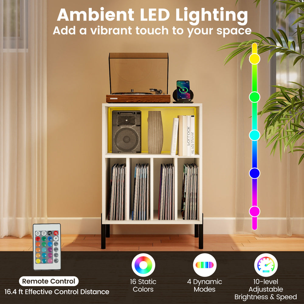 Record player stand with LED light, charging station, and open shelf for vinyl records, featuring adjustable brightness.