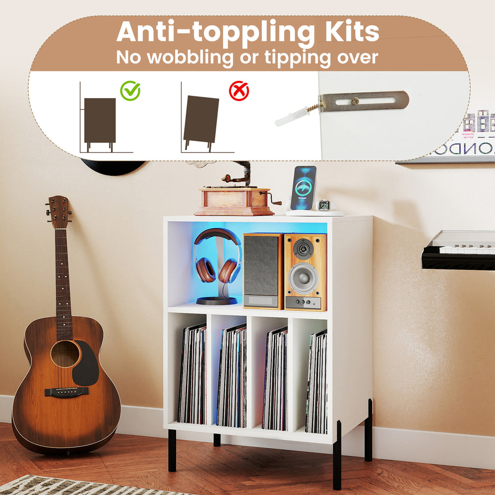 Record player stand with LED light, charging station, and anti-toppling kits for stable storage of vinyl records.