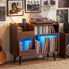 Record player stand in brown featuring a wide tabletop, magazine rack, and LED light for stylish organization and.