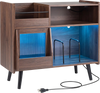 Record player stand in brown with LED light, power outlets, and sliding door for organized storage and easy access.