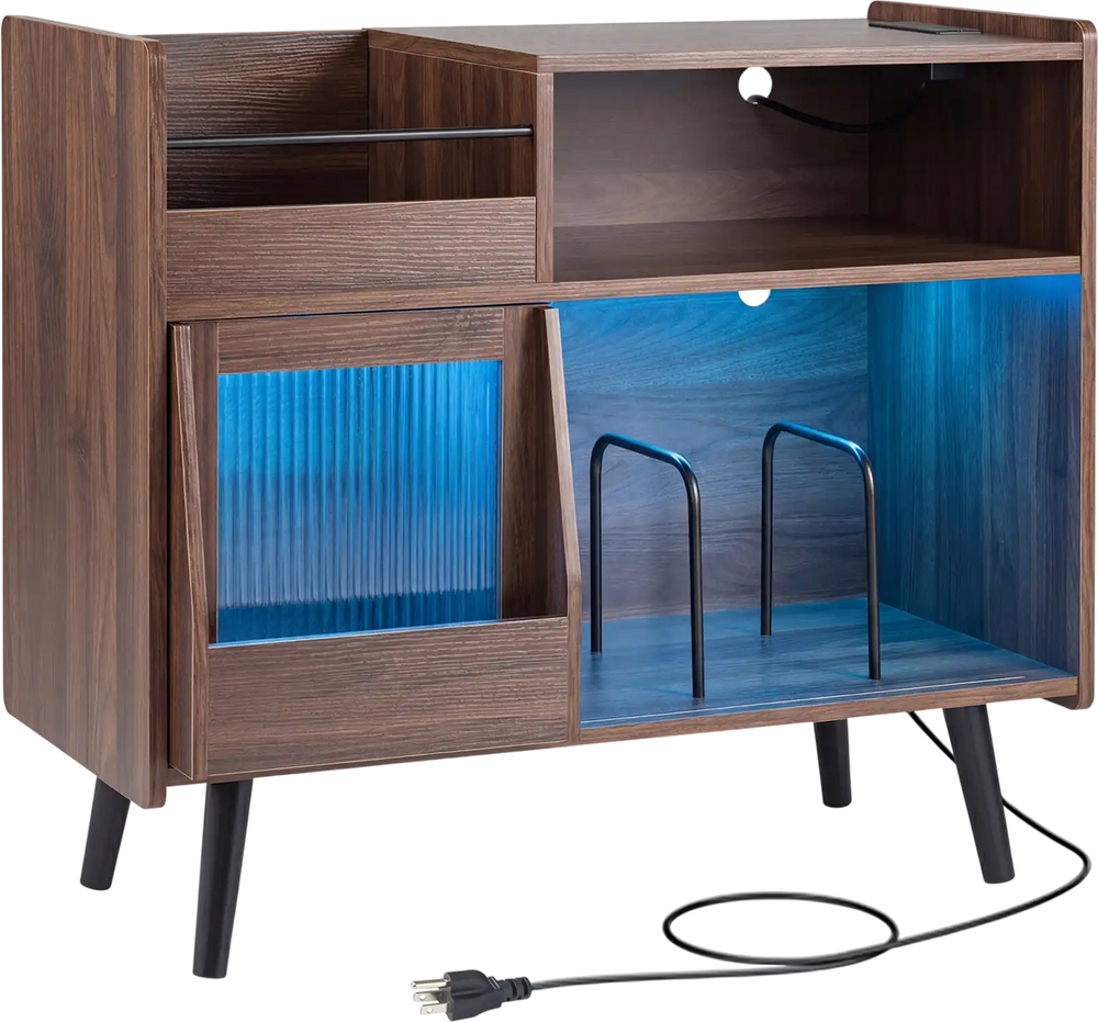 Record player stand in brown with LED light, power outlets, and sliding door for organized storage and easy access.