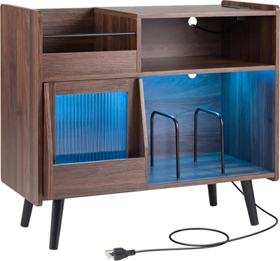 Costway Record Player Stand with LED Light Power Outlets Sliding Door 46358240 New