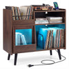 Record player stand in brown with LED light, power outlets, and sliding door for organized storage of albums and.